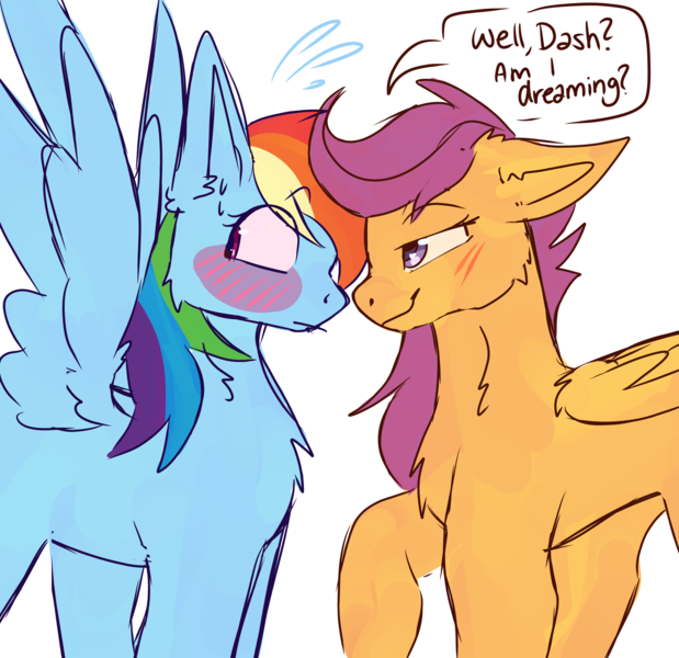 Size: 3460x3356 | Tagged: safe, artist:spoonfulofsuga, derpibooru import, rainbow dash, scootaloo, pegasus, pony, g4, blushing, chest fluff, dialogue, duo, duo female, emanata, female, flustered, folded wings, image, lesbian, lidded eyes, looking at someone, looking away, mare, older, older scootaloo, plewds, png, raised hoof, scootadash, shipping, simple background, smiling, smirk, speech bubble, spread wings, sweat, sweatdrops, white background, wings