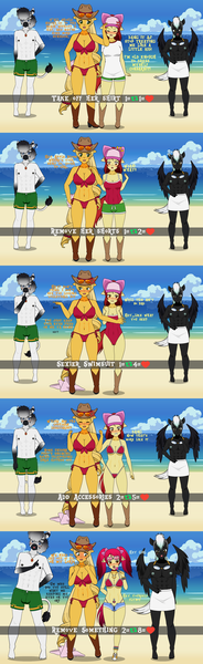 Size: 1174x3833 | Tagged: questionable, artist:shitsandgiggles, derpibooru import, apple bloom, applejack, thunderlane, oc, anthro, earth pony, human, pegasus, zebra, baseball cap, beach, belly button, belly piercing, blushing, boots, breasts, busty apple bloom, busty applejack, cap, clothes, comic, cowboy boots, cowboy hat, crotch bulge, denim, denim shorts, derpibooru exclusive, dialogue, flirting, front knot midriff, hat, high res, humanized, image, jeans, jewelry, meta, midriff, one-piece swimsuit, pants, peaked cap, piercing, pigtails, png, ponytail, shirt, shoes, shorts, slut, slutty, snapchat, sneakers, strip game, sultry, sunglasses, swimsuit, text, towel, trunks, twitter, two-piece swimsuit, zebra oc