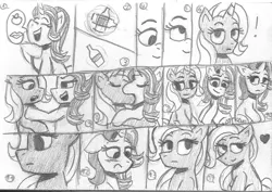 Size: 1705x1204 | Tagged: safe, artist:rosa ushiromiya, derpibooru import, starlight glimmer, trixie, pony, unicorn, g4, blushing, bottle, comic, duo, duo female, female, horn, image, kissing, lesbian, mare, monochrome, png, shipping, sitting, startrix, traditional art