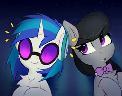 Size: 2361x1856 | Tagged: safe, artist:taneysha, derpibooru import, octavia melody, vinyl scratch, earth pony, pony, unicorn, g4, bowtie, clothes, duo, duo female, emanata, female, grass, headphones, horn, image, jpeg, lesbian, lying down, mare, necktie, night, on back, open mouth, scratchtavia, shipping, smiling, starry night, stars, vinyl's glasses, vinyl's headphones, visualizer