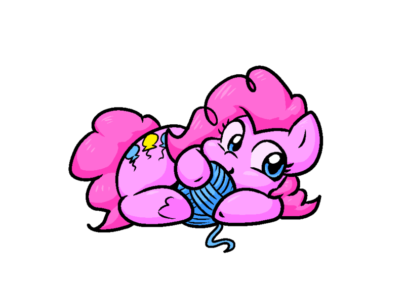 Size: 969x695 | Tagged: safe, artist:zutcha, derpibooru import, pinkie pie, earth pony, pony, g4, behaving like a cat, cute, diapinkes, female, frog (hoof), image, lying down, mare, png, side, simple background, smiling, solo, underhoof, white background, yarn, yarn ball