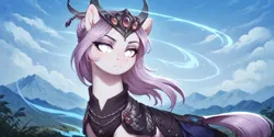 Size: 2400x1200 | Tagged: safe, ai content, derpibooru import, machine learning generated, prompter:greesys, oc, oc:miao ying, unofficial characters only, earth pony, pony, armor, bust, image, looking at you, png, portrait, purple hair, scenery, solo