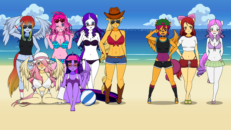 Size: 1366x768 | Tagged: suggestive, artist:shitsandgiggles, derpibooru import, apple bloom, applejack, fluttershy, pinkie pie, rainbow dash, rarity, scootaloo, sweetie belle, twilight sparkle, anthro, earth pony, human, pegasus, plantigrade anthro, unicorn, baseball cap, beach, beach ball, bikini, boots, breasts, busty apple bloom, busty applejack, busty fluttershy, busty pinkie pie, busty rarity, busty scootaloo, busty sweetie belle, busty twilight sparkle, cap, clothes, collar, cowboy boots, cowboy hat, cutie mark crusaders, delicious flat chest, denim, denim shorts, derpibooru exclusive, female, flip flops, glasses, hat, heart shaped glasses, horn, humanized, image, mane six, miniskirt, one-piece swimsuit, png, sandals, shoes, shorts, skirt, sneakers, socks, sunglasses, sunglasses on head, swimsuit, two-piece swimsuit