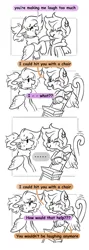 Size: 1455x4096 | Tagged: safe, artist:opalacorn, derpibooru import, oc, unofficial characters only, pegasus, pony, sphinx, chair, clothes, comic, dialogue, duo, eye scar, facial scar, grayscale, hoodie, image, jpeg, monochrome, one eye closed, partial color, scar, simple background, speech bubble, sphinx oc, white background, wink