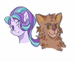 Size: 1460x1200 | Tagged: safe, artist:wimple, derpibooru import, starlight glimmer, cat, unicorn, bramblestar, female, horn, image, jpeg, male, simple background, warrior cats, white background