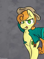 Size: 2048x2732 | Tagged: safe, artist:felixmcfurry, derpibooru import, carrot top, golden harvest, ambiguous species, pony, bipedal, chest fluff, clothes, eyebrows, eyelashes, female, flower, gray background, green eyes, hat, heart, image, jacket, mare, orange mane, pinup, png, raised eyebrow, signature, simple background, solo, tongue out, yellow fur