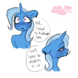 Size: 3000x3000 | Tagged: safe, artist:bloodymrr, derpibooru import, trixie, pony, unicorn, g4, alternate universe, blushing, bust, ear piercing, earring, female, floppy ears, horn, image, implied kidnapping, implied lesbian, implied shipping, implied starlight glimmer, implied startrix, jewelry, lesbian, lidded eyes, piercing, png, simple background, smiling, solo, speech bubble, text, white background