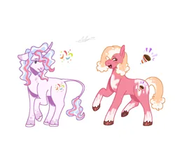 Size: 1018x885 | Tagged: safe, artist:vulpiscaniss, derpibooru import, oc, oc:confetti swirl, oc:macaron pop, earth pony, pony, unicorn, duo, duo female, earth pony oc, female, filly, floppy ears, foal, half-siblings, horn, image, leonine tail, offspring, parent:cheese sandwich, parent:pinkie pie, parent:pokey pierce, parents:cheesepie, parents:pokeypie, png, raised hoof, siblings, simple background, sisters, standing on two hooves, tail, unicorn oc, unshorn fetlocks, white background