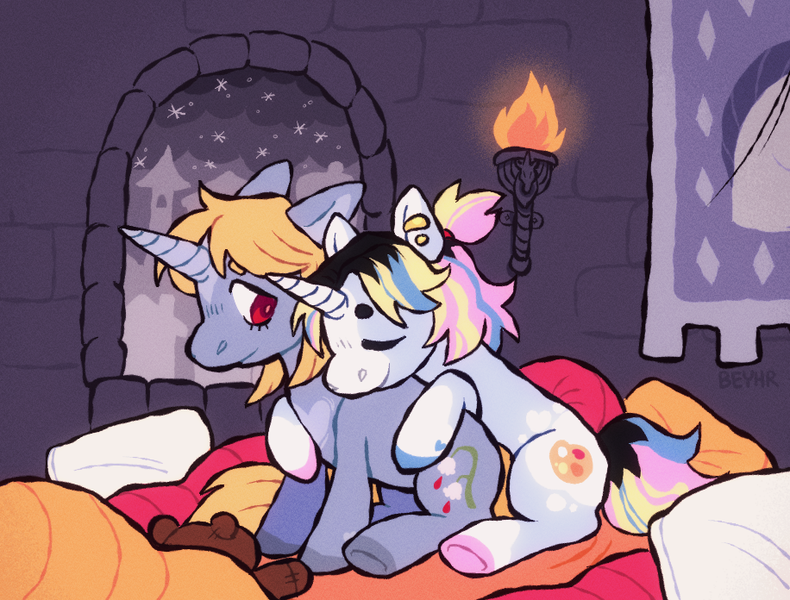 Size: 916x696 | Tagged: safe, artist:beyhr, derpibooru import, oc, oc:chalk dust (beyhr), oc:holy steel, unofficial characters only, pony, unicorn, alternate universe, beanbrows, bedroom, blaze (coat marking), blonde mane, blonde tail, castle, chest marking, coat markings, colored eyebrows, colored hooves, colored horn, colored pinnae, colored pupils, detailed background, duo, duo female, dyed mane, dyed tail, ear piercing, earring, eyebrows, eyelashes, eyes closed, facial markings, female, female oc, gray coat, gray hooves, heart, heart mark, hooves, horn, hug, hug from behind, image, indoors, jewelry, lidded eyes, looking at someone, mare, mare oc, mismatched hooves, multicolored hooves, multicolored mane, multicolored tail, nonbinary oc, piercing, pillow, pink pupils, plushie, png, ponytail, profile, red eyes, sibling love, siblings, silver coat, sisterly love, sisters, sitting, sleepover, smiling at someone, socks (coat marking), star (coat marking), striped mane, striped tail, tail, teddy bear, thick orn, tied mane, unicorn horn, unicorn oc, wall of tags