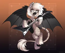 Size: 3000x2483 | Tagged: safe, artist:madelinne, derpibooru import, oc, oc:devilvoice, bat pony, pony, bat pony oc, bat wings, electric guitar, female, flying, guitar, image, jewelry, leonine tail, looking at you, mare, musical instrument, playing guitar, png, solo, tail, wings