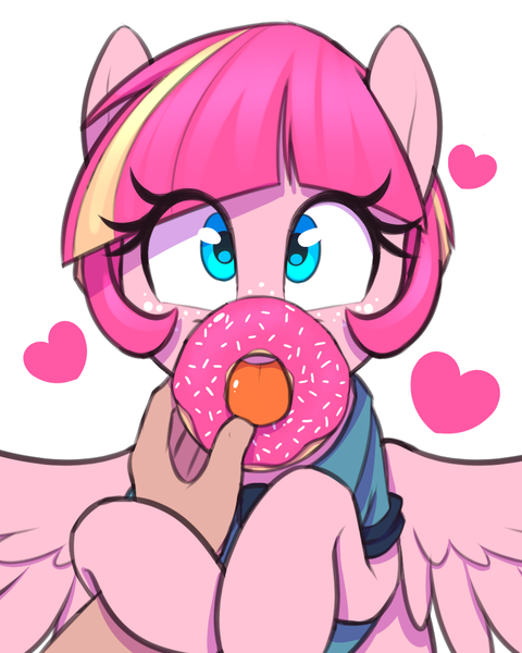 Size: 800x1000 | Tagged: safe, artist:thebatfang, derpibooru import, oc, oc:sweet serving, unofficial characters only, human, pegasus, pony, clothes, cute, donut, eye clipping through hair, female, floating heart, food, freckles, heart, image, looking at you, mare, ocbetes, offscreen character, offscreen human, png, police officer, police uniform, pov, simple background, solo focus, tongue out, white background