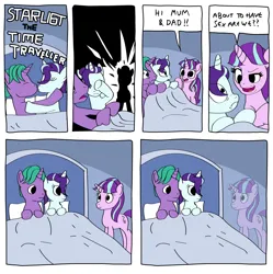 Size: 3000x3016 | Tagged: safe, artist:anonymousandrei, derpibooru import, firelight, starlight glimmer, pony, unicorn, g4, comic, derpibooru exclusive, father and child, father and daughter, female, horn, husband and wife, image, jpeg, kissing, male, mare, mother and child, mother and daughter, parent and child, parody, self existence failure, stallion, starlight glimmer's mother, this will end in timeline distortion, time travel, time travel glimmer, too dumb to live