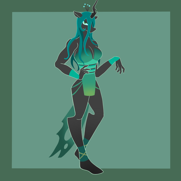 Size: 2048x2048 | Tagged: safe, artist:daogebuzai, derpibooru import, queen chrysalis, anthro, changeling, changeling queen, border, breasts, cleavage, female, full body, green background, image, mouthless, no mouth, png, simple background, solo, standing