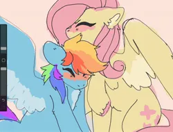 Size: 2068x1572 | Tagged: safe, artist:numetalalicorn, derpibooru import, fluttershy, rainbow dash, pegasus, pony, g4, art program in frame, blushing, cute, dashabetes, duo, duo female, eyes closed, female, flutterdash, grooming, image, jpeg, lesbian, mare, preening, shipping, shyabetes, unshorn fetlocks, wings