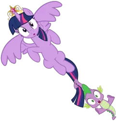 Size: 2573x2645 | Tagged: safe, anonymous artist, derpibooru import, spike, twilight sparkle, twilight sparkle (alicorn), alicorn, dragon, pony, g4, princess twilight sparkle (episode), .svg available, big crown thingy, derpibooru exclusive, duo, element of magic, female, flying, image, jewelry, male, mare, multicolored hair, multicolored mane, multicolored tail, png, regalia, simple background, spread wings, tail, tail pull, transparent background, vector, wings