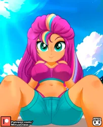 Size: 729x900 | Tagged: suggestive, alternate version, artist:minusclass, derpibooru import, sunny starscout, human, g5, 2d, alternate character, beach, belly, belly button, bikini, bikini bottom, bikini top, breasts, busty sunny starscout, cleavage, clothes, cloud, denim, female, humanized, image, jpeg, legs, looking at you, loose hair, outdoors, panties, patreon, patreon logo, sand, sky, smiling, smiling at you, solo, swimsuit, thong, underass, underboob, underwear