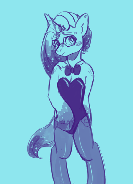 Size: 779x1080 | Tagged: safe, artist:alex6886, derpibooru import, pony, semi-anthro, g5, auroricorn, blushing, bowtie, clothes, comet (g5), crossdressing, ear piercing, earring, femboy, glasses, image, jewelry, male, monochrome, necktie, piercing, png, socks, solo, stockings, thigh highs