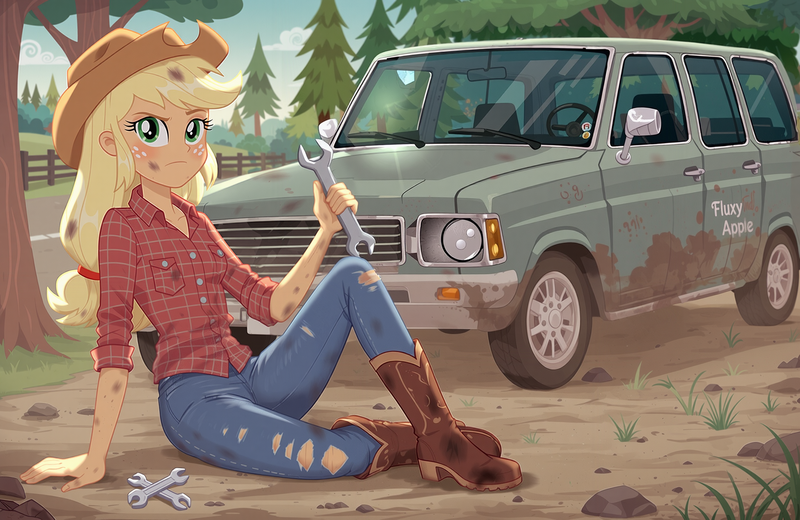 Size: 2560x1664 | Tagged: safe, ai content, derpibooru import, machine learning generated, prompter:kimberlite, stable diffusion, applejack, human, equestria girls, g4, car, clothes, denim, dirt, dirty, forest, generator:pony diffusion v6 xl, image, jeans, nature, pants, png, repairing, solo, tree, wrench