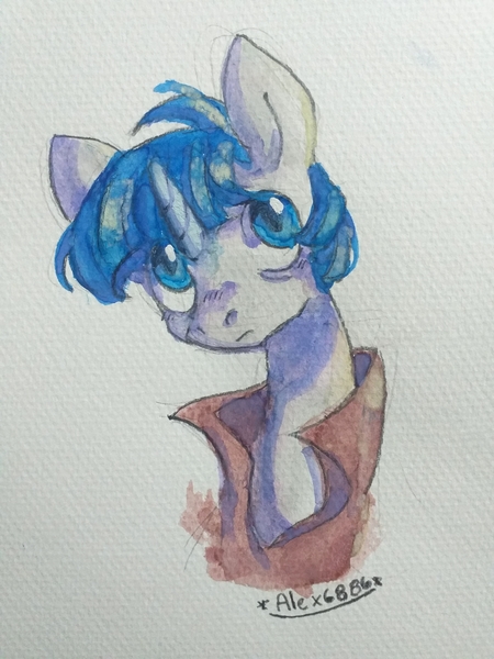 Size: 2508x3344 | Tagged: safe, artist:alex6886, derpibooru import, stygian, pony, unicorn, g4, blue eyes, blue mane, cloak, clothes, gray coat, horn, image, jpeg, male, signature, simple background, solo, stallion, traditional art, watercolor painting, white background