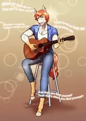 Size: 2558x3600 | Tagged: safe, artist:blackblood-queen, derpibooru import, oc, oc:honeybun meadow, unofficial characters only, anthro, earth pony, pony, unguligrade anthro, acoustic guitar, anthro oc, bar stool, clothes, commission, digital art, earth pony oc, female, guitar, heterochromia, high res, image, male, music, musical instrument, pants, png, shirt, singing, sitting, smiling, solo, stallion