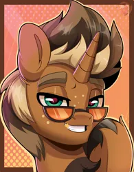 Size: 2799x3591 | Tagged: safe, artist:joaothejohn, derpibooru import, oc, oc:macchiato, pony, unicorn, bust, chest fluff, freckles, gift art, glasses, heart, hooves, horn, icon, image, lidded eyes, looking at you, male, multicolored hair, png, portrait, simple background, smiling, stallion, unicorn oc