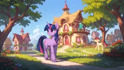 Size: 3840x2176 | Tagged: safe, ai content, derpibooru import, generator:tponynai3, machine learning assisted, prompter:truekry, lyra heartstrings, roseluck, twilight sparkle, earth pony, pony, unicorn, g4, bush, cloud, female, flower, grass, horn, houses, image, mare, png, ponyville, scenery, sky, smiling, street, tree, unshorn fetlocks, walking, wallpaper