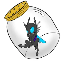 Size: 2678x2570 | Tagged: safe, artist:anonymous, changeling, /mlp/, 4chan, drawthread, fangs, image, jar, png, simple background, sitting, solo, trapped, white background