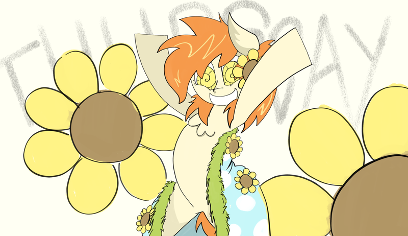 Size: 4249x2454 | Tagged: safe, artist:ponny, derpibooru import, oc, oc:thursday, unofficial characters only, earth pony, pony, bipedal, chest fluff, cloak, clothes, colored, drawthread, female, flower, flower in hair, hooves in air, image, mare, png, request, requested art, smiling, solo, solo female, text