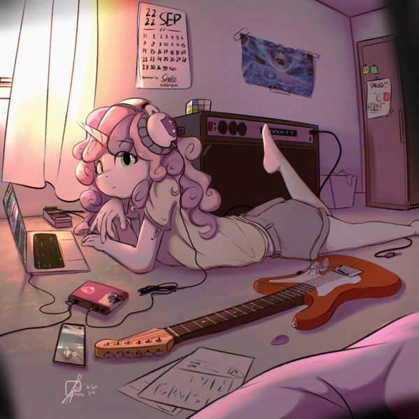 Size: 4000x4000 | Tagged: safe, artist:potato22, derpibooru import, sweetie belle, anthro, unicorn, g4, absurd resolution, amplifier, barefoot, bedroom, calendar, chromatic aberration, clothes, computer, electric guitar, eye clipping through hair, eyebrows, eyebrows visible through hair, feet, female, film grain, guitar, guitar pick, headphones, horn, image, laptop computer, looking at you, lying down, mobile phone, musical instrument, older, older sweetie belle, on floor, one leg raised, paper, phone, png, prone, raised leg, rubik's cube, shirt, shorts, signature, solo, speaker, sweetie belle's cutie mark, tattoo, window