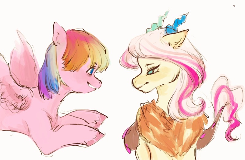 Size: 1436x938 | Tagged: safe, artist:gulixingenatasha, derpibooru import, draconequus, pegasus, pony, duo, grin, image, jpeg, multicolored hair, pink coat, pink mane, rainbow hair, simple background, smiling, white background, yellow coat