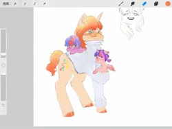 Size: 2048x1536 | Tagged: safe, artist:gulixingenatasha, derpibooru import, pony, unicorn, art program in frame, female, filly, foal, horn, image, jpeg, orange coat, procreate app, trio