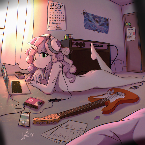 Size: 4000x4000 | Tagged: suggestive, alternate version, artist:potato22, derpibooru import, sweetie belle, anthro, unicorn, g4, absurd resolution, amplifier, barefoot, bedroom, breasts, butt, calendar, chromatic aberration, computer, electric guitar, eye clipping through hair, eyebrows, eyebrows visible through hair, feet, female, film grain, guitar, guitar pick, headphones, horn, image, laptop computer, lolicon, looking at you, lying down, missing cutie mark, mobile phone, musical instrument, nudity, older, older sweetie belle, on floor, one leg raised, paper, phone, png, prone, raised leg, rubik's cube, sideboob, signature, solo, speaker, sweetie belle's cutie mark, tattoo, underage, window