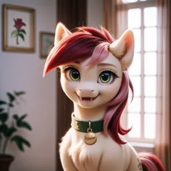 Size: 1024x1024 | Tagged: safe, ai content, derpibooru import, machine learning generated, prompter:doom9454, stable diffusion, roseluck, pony, 3d, chest fluff, collar, cute, ear fluff, fangs, fluffy, generator:pony diffusion v6 xl, image, looking at you, pet tag, png, pony pet, rosepet, solo