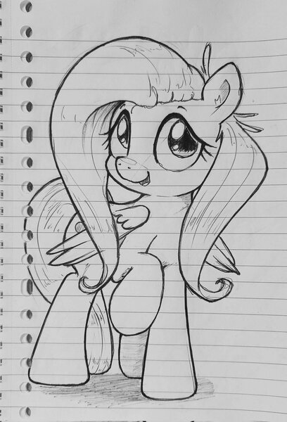 Size: 1392x2048 | Tagged: safe, artist:whiskeypanda, derpibooru import, fluttershy, pegasus, pony, image, ink drawing, jpeg, lined paper, looking at you, open mouth, raised hoof, smiling, solo, traditional art