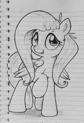 Size: 1392x2048 | Tagged: safe, artist:whiskeypanda, derpibooru import, fluttershy, pegasus, pony, image, ink drawing, jpeg, lined paper, looking at you, open mouth, raised hoof, smiling, solo, traditional art