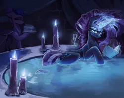 Size: 3800x3000 | Tagged: safe, alternate version, artist:anastas, derpibooru import, part of a set, nightmare rarity, oc, oc:sagitta, pony, unicorn, series:ask nightmare rarity, g4, ask, bath, bathing, book, candle, candlelight, comic, cyrillic, ethereal mane, eyeshadow, fangs, female, holding, horn, image, looking at you, magic, magic aura, makeup, mare, mlp art ask (ru), nightmarified, png, slit pupils, solo, speech bubble, starry mane, sternocleidomastoid