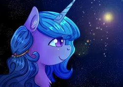 Size: 1080x769 | Tagged: safe, artist:shakoba, derpibooru import, izzy moonbow, pony, unicorn, g5, bust, female, horn, image, jpeg, lens flare, mare, night, night sky, portrait, sky, solo, stars