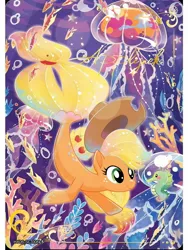 Size: 1080x1440 | Tagged: safe, derpibooru import, official, applejack, jellyfish, pony, seapony (g4), series:卡游辉月六, g4, my little pony: the movie, applejack's hat, bioluminescent, bubble, card, coral, cowboy hat, cute, dorsal fin, english, female, fin, fish tail, flowing mane, flowing tail, happy, hat, image, jpeg, kayou, mare, merchandise, ocean, reef, scales, seaponified, seapony applejack, seaquestria, seaweed, smiling, solo, species swap, swimming, tail, text, trading card, underwater, water