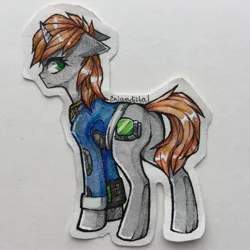 Size: 2048x2048 | Tagged: safe, artist:enjaadjital, derpibooru import, oc, oc:littlepip, unofficial characters only, pony, unicorn, fallout equestria, butt, clothes, colored pencil drawing, fanfic art, female, floppy ears, horn, image, jpeg, jumpsuit, looking back, mare, photo, pipbuck, pipbutt, side view, signature, solo, traditional art, unicorn oc, vault suit