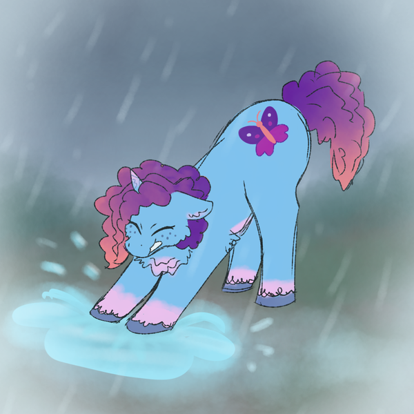 Size: 1068x1068 | Tagged: safe, artist:fallenrain40, derpibooru import, pony, unicorn, g5, chest fluff, eyes closed, female, horn, image, mare, misty brightdawn, png, puddle, rain, rebirth misty, solo, splashing