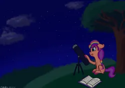 Size: 1280x905 | Tagged: safe, artist:gosupermarinespitfire, derpibooru import, sunny starscout, earth pony, pony, g5, book, cloud, female, image, mane stripe sunny, mare, night, night sky, outdoors, png, sitting, sky, solo, stargazing, stars, telescope, tongue out