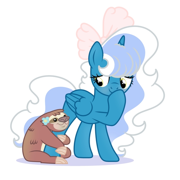 Size: 6890x6890 | Tagged: safe, artist:riofluttershy, derpibooru import, oc, oc:fleurbelle, unofficial characters only, alicorn, pony, sloth, alicorn oc, animal, blushing, bow, female, flower, hair bow, horn, image, jpeg, mare, pink bow, simple background, smiling, solo, tail, two toned hair, two toned mane, two toned tail, white background, wings, yellow eyes