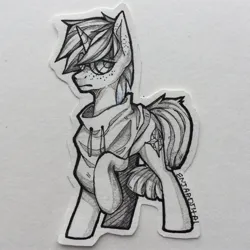 Size: 2048x2048 | Tagged: safe, artist:enjaadjital, derpibooru import, oc, unofficial characters only, pony, unicorn, clothes, freckles, glasses, horn, image, jpeg, jumpsuit, looking at you, pencil drawing, photo, raised hoof, signature, solo, traditional art, unicorn oc, vault suit