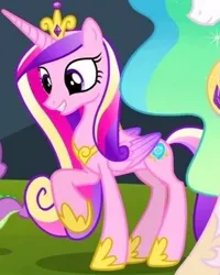 Size: 312x390 | Tagged: safe, derpibooru import, screencap, princess cadance, princess celestia, spike, alicorn, pony, equestria games (episode), g4, season 4, cropped, crown, female, hoof shoes, image, jewelry, jpeg, mare, offscreen character, peytral, raised hoof, regalia, solo focus, tail