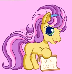 Size: 2022x2089 | Tagged: safe, artist:leopardsnaps, derpibooru import, mayor flitter flutter, earth pony, pony, g3, :d, g3.5, headband, holding sign, image, open mouth, open smile, pink background, png, scroll, simple background, sketch, smiling, solo