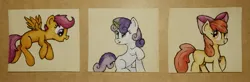 Size: 3967x1302 | Tagged: safe, artist:chevaleto, derpibooru import, apple bloom, scootaloo, sweetie belle, earth pony, pegasus, pony, unicorn, g4, bow, cutie mark crusaders, female, filly, flying, foal, hair bow, horn, image, jpeg, magic, traditional art, watercolor painting