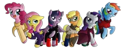 Size: 828x327 | Tagged: safe, artist:vocaloidcyborg, derpibooru import, applejack, fluttershy, pinkie pie, rainbow dash, rarity, twilight sparkle, twilight sparkle (alicorn), alicorn, earth pony, pegasus, pony, clothes, cosplay, costume, crossover, god tier, god tiers, image, mane six, mask, png