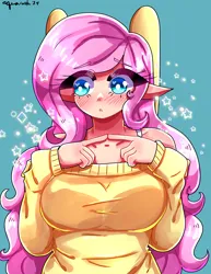 Size: 2550x3300 | Tagged: safe, artist:mylittleyuri, derpibooru import, fluttershy, human, blue background, blushing, bra, bra strap, breasts, busty fluttershy, clothes, cute, elf ears, female, humanized, image, png, shyabetes, simple background, solo, sweater, sweatershy, underwear, winged humanization, wings