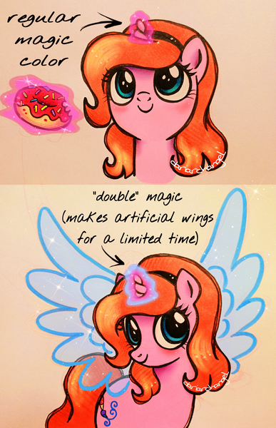 Size: 1320x2048 | Tagged: safe, artist:dariarchangel, derpibooru import, oc, oc:dazha, unofficial characters only, pony, unicorn, g4, adorable face, artificial wings, augmented, big eyes, blue eyes, blue wings, bust, cute, cute face, donut, female, female oc, food, hairband, horn, image, large wings, levitation, looking up, magic, magic aura, magic wings, ocbetes, orange hair, orange mane, orange tail, pink coat, png, pony oc, portrait, small horn, smiling, solo, sparkles, sprinkles, tail, telekinesis, text, traditional art, transparent wings, two toned magic, unicorn horn, unicorn oc, wings