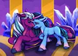 Size: 2300x1665 | Tagged: safe, artist:arky2000, derpibooru import, alicorn, pony, unicorn, g5, couch, crystal, cuddling, duo, duo female, eyes closed, female, horn, image, mama opaline, mare, misty brightdawn, motherly, nicealine, nuzzling, opaline arcana, opaline's dark castle, png